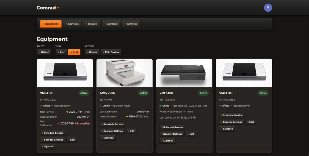 Comrad Kloud equipment dashboard showing paired CR scanners and their status