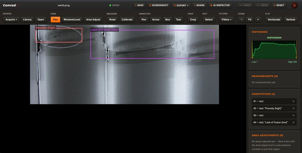 Lightbox's AI Inspector flagging porosity and lack of fusion on a weld radiograph